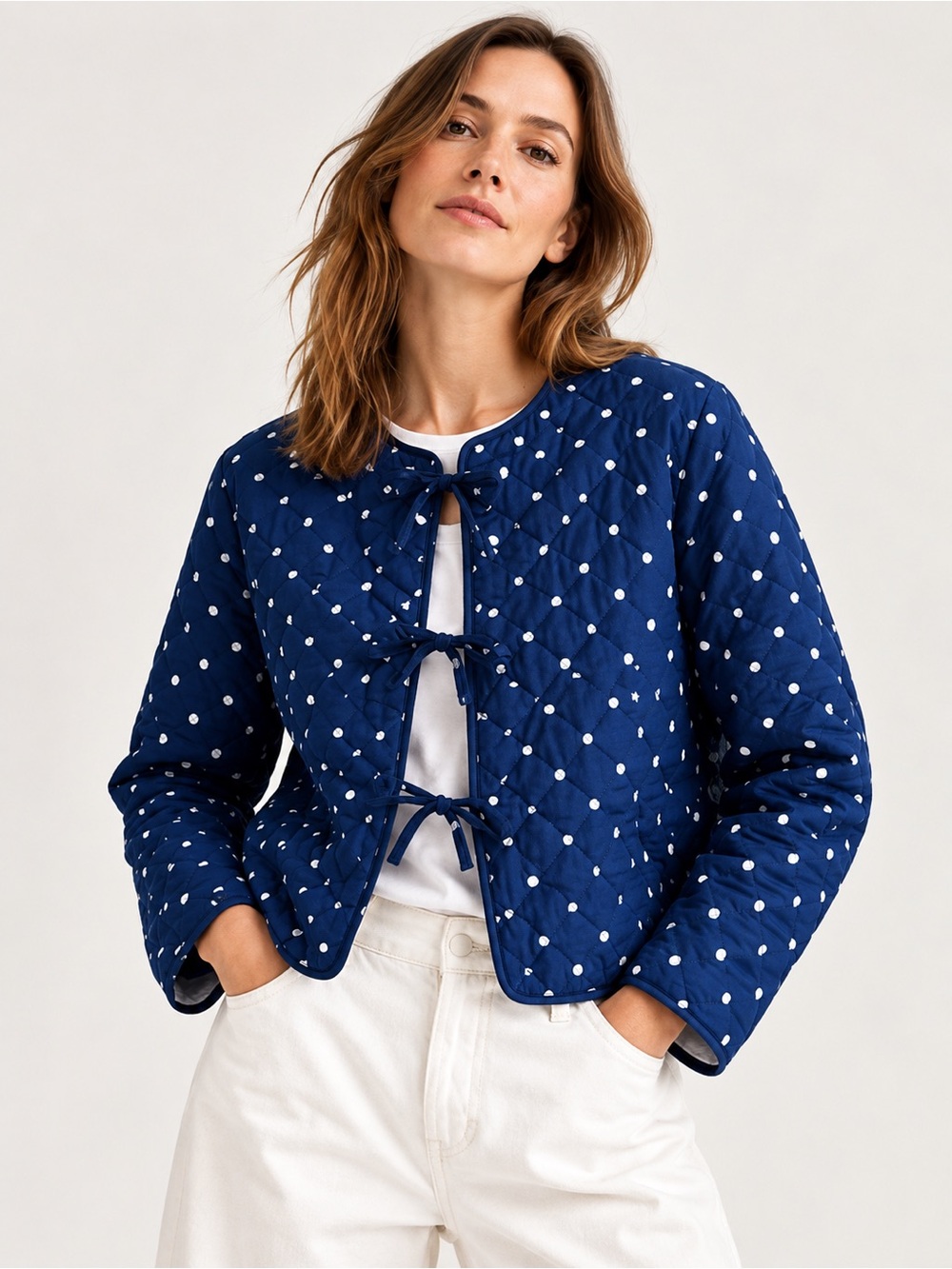 NWT Avec Les Filles Polka Dot Quilted Tie Front Jacket Blue Size M